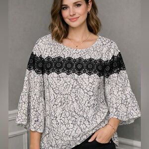 LOFT White Lace Bell-Sleeve Top with Black Crochet Trim Medium